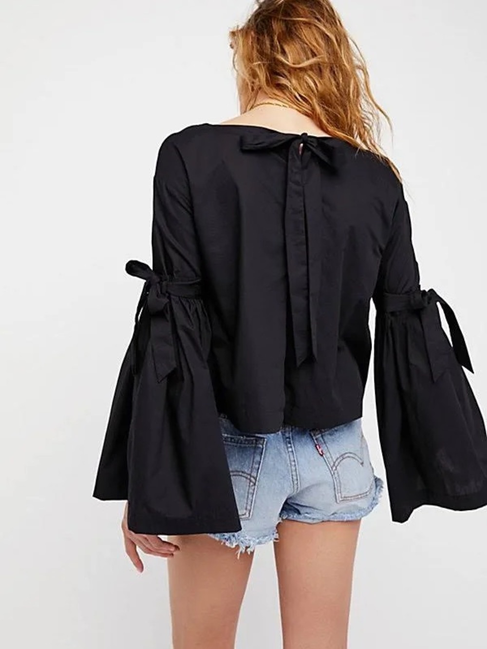 Free People So Obviously Yours Black Tie-Back Bell Sleeve Women's Top